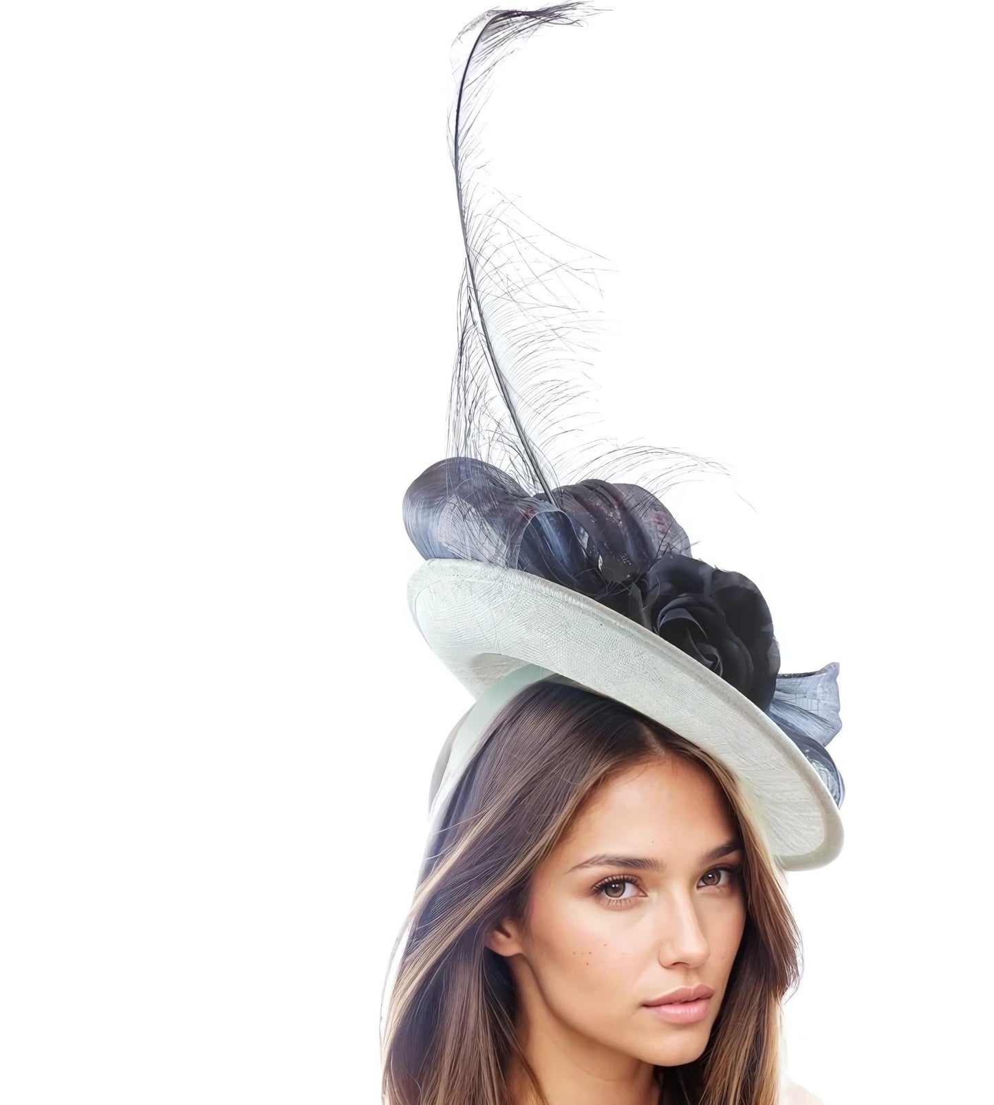 White Navy Blue Bow Feather Fascinator Hat Headband for Women Kentucky Derby Oaks Wedding Royal Ascot Formal Occasion Hair Bridal Tea Party