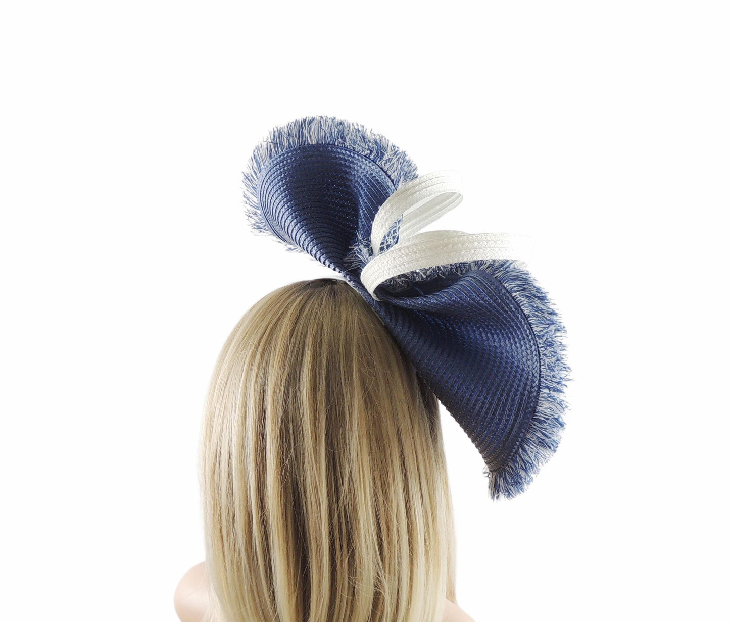 White Navy Blue Statement Fascinator Womans Hat Kentucky Derby Oaks Ascot Weddings Garden Cocktail Tea Party Church Hatinator SALE