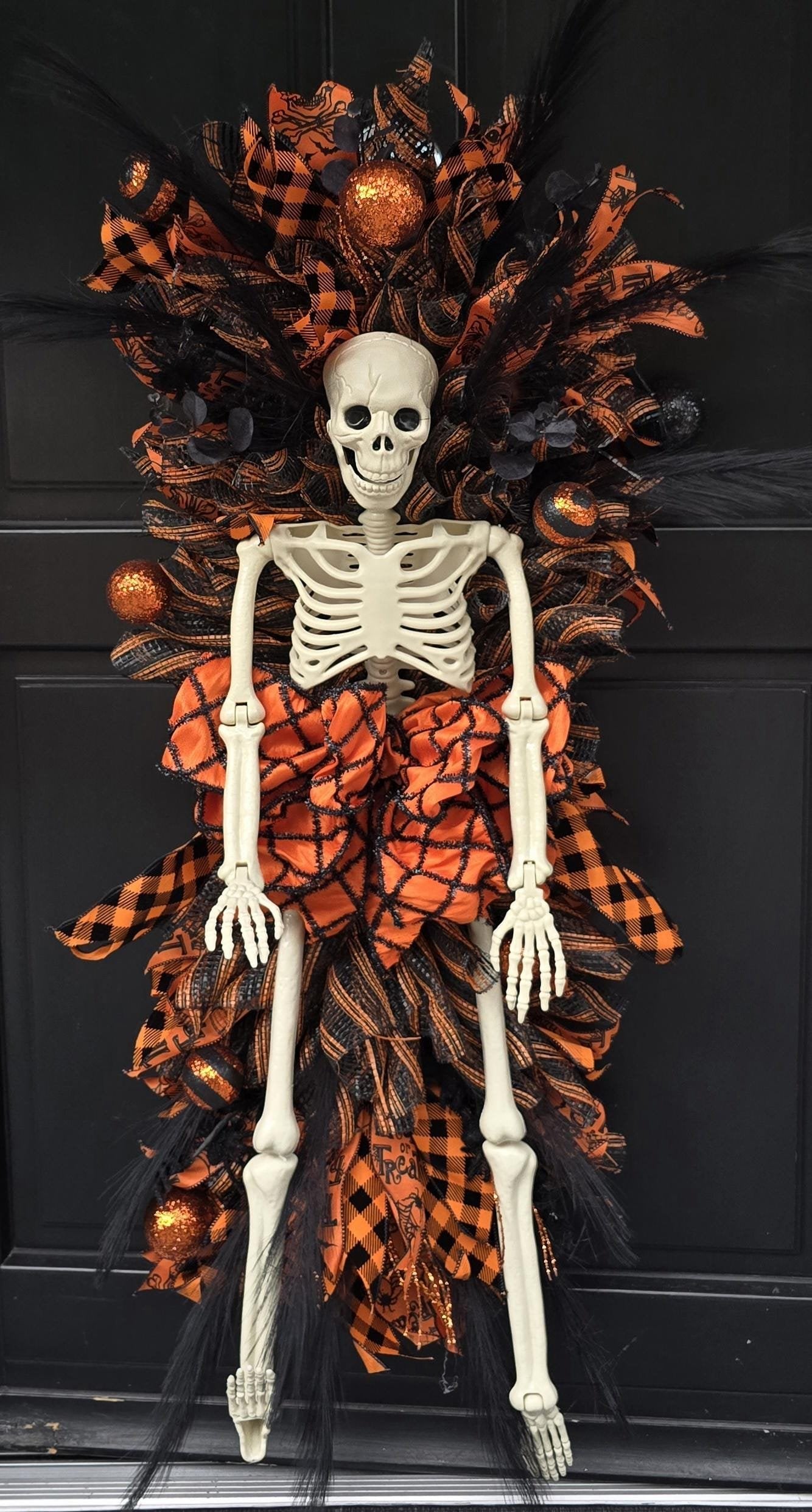 XXL Skeleton Orange Halloween Front Door Wreath Gothic Hanger Wall Porch Hanger Handmade House Home Decor Decorations Whimsical Skelly Glam