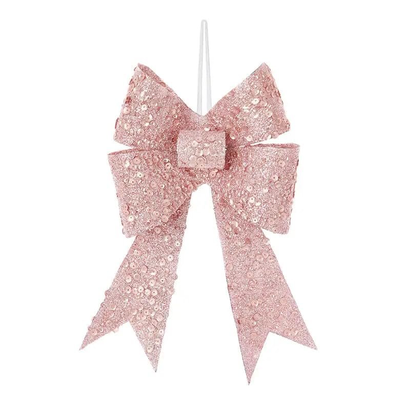 Pink Glitter Sequin Sparkly Festive Bow Hanging Christmas Party Xmas Decor Decoration