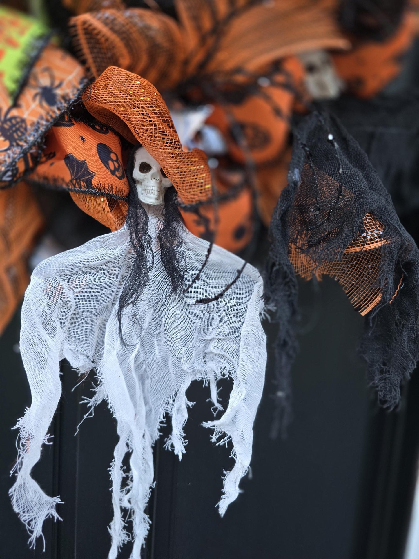 Large Halloween Front Door Wreath Spooky Hanger Black Orange Ghost Skeleton Wall Porch Hanger Handmade House Home Decor Decorations Welcome
