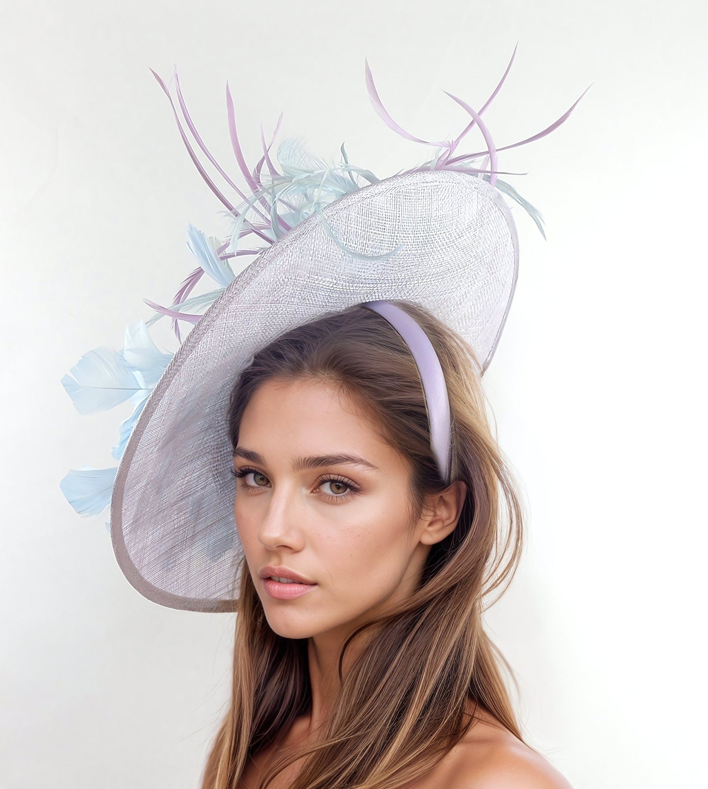 Lilac Baby Blue Derby Fascinator Hat Headband Kentucky Ascot Wedding Tea Party Statement Floral Woman Suacer Platter Powder Blue Lavender