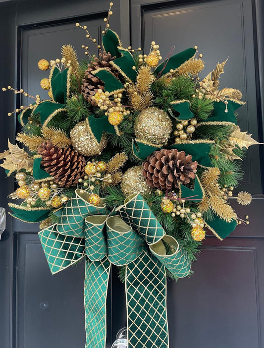 Green Gold XL Christmas Front Door Wreath Traditional Elegant Porch Holiday House Home Decor Decoration Glam Winter Swag Designer Unique