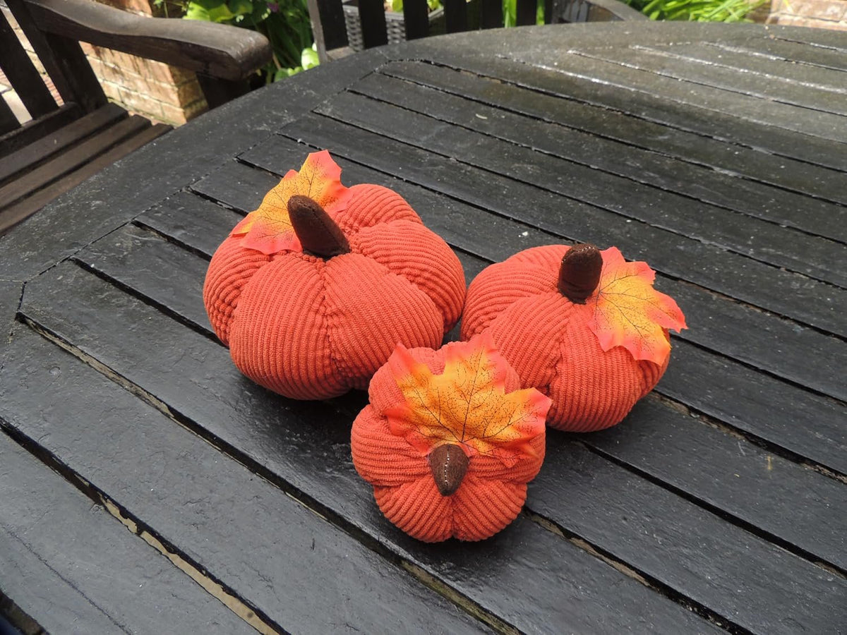 Set of 3 Burnt Orange Corduroy Pumpkins with Autumn Leaves