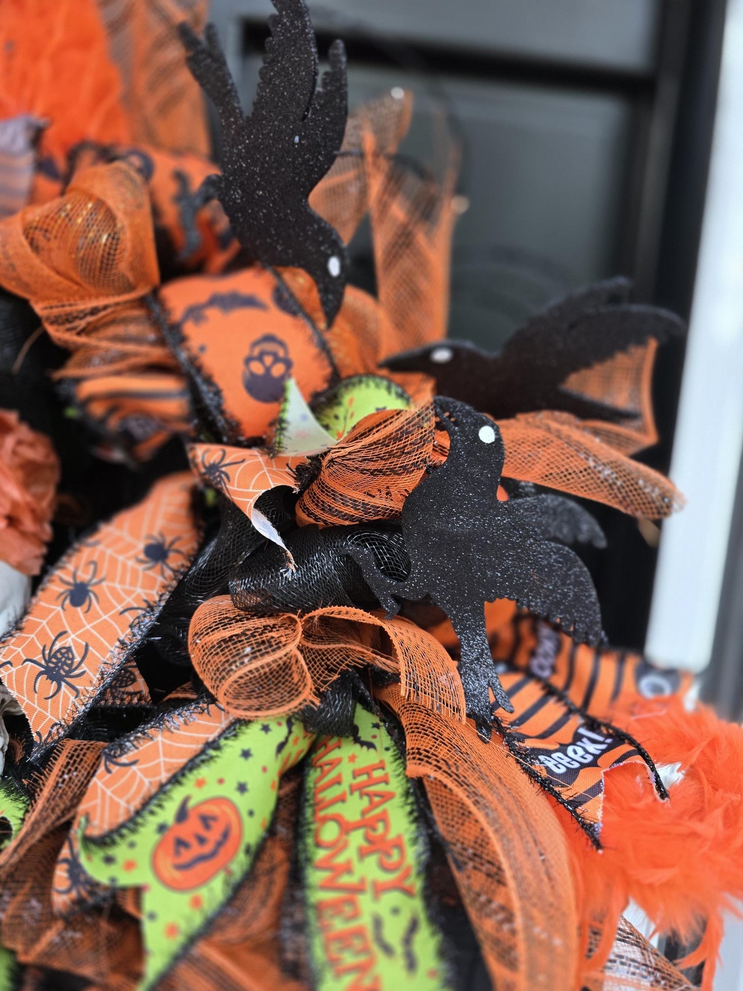 Large Halloween Front Door Wreath Spooky Hanger Black Orange Ghost Skeleton Wall Porch Hanger Handmade House Home Decor Decorations Welcome