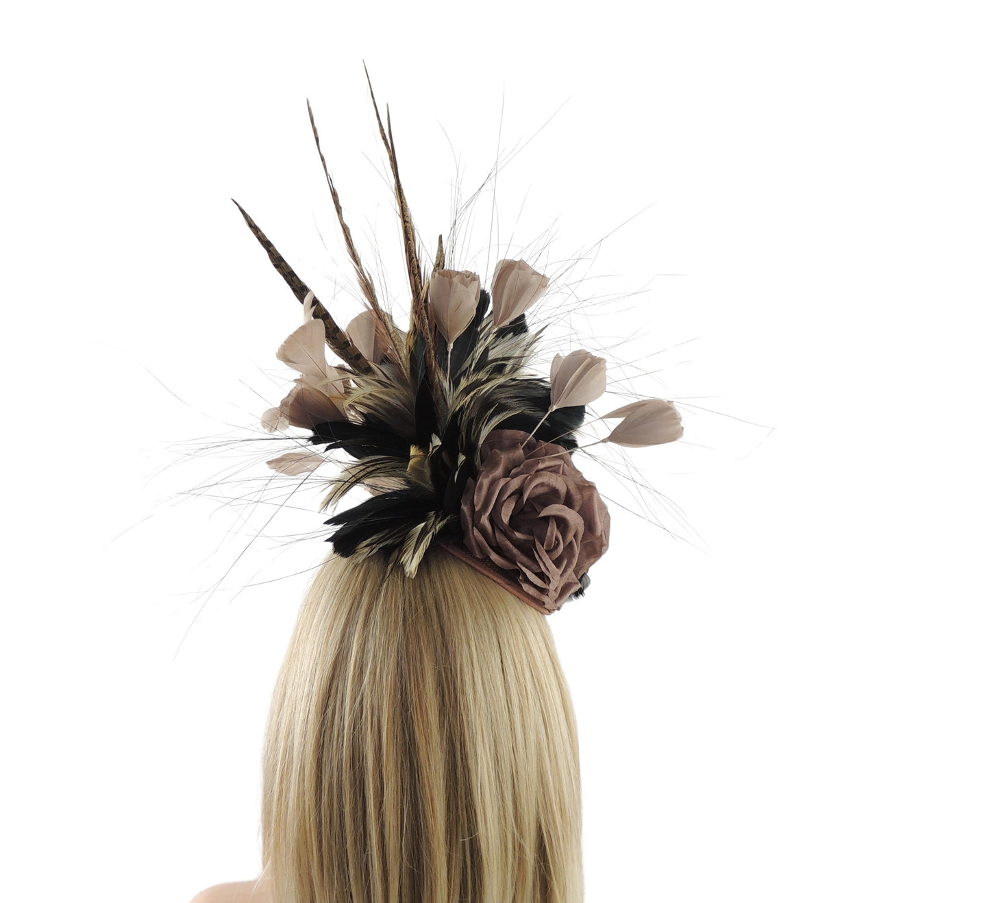 Brown Tan Feather Fascinator Crystal Headband Hat Headpiece Derby Ascot Wedding Race Days Ladies Tea Party Luncheon Autumn Fall Breeders Cup