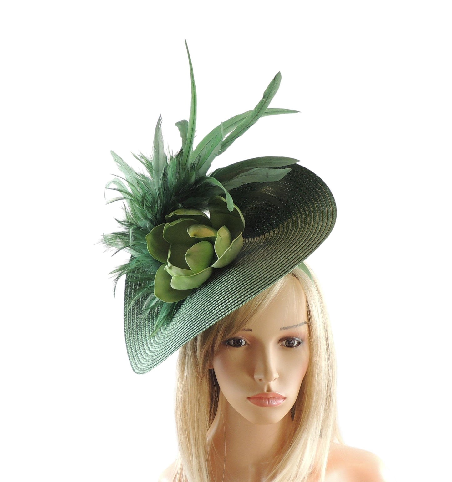 Dark Forest Green Kentucky Derby Fascinator Hat Saucer Disc Tea Party Headband Feather Ascot Wedding Hatinator Olive Green Hat Luncheon Hat