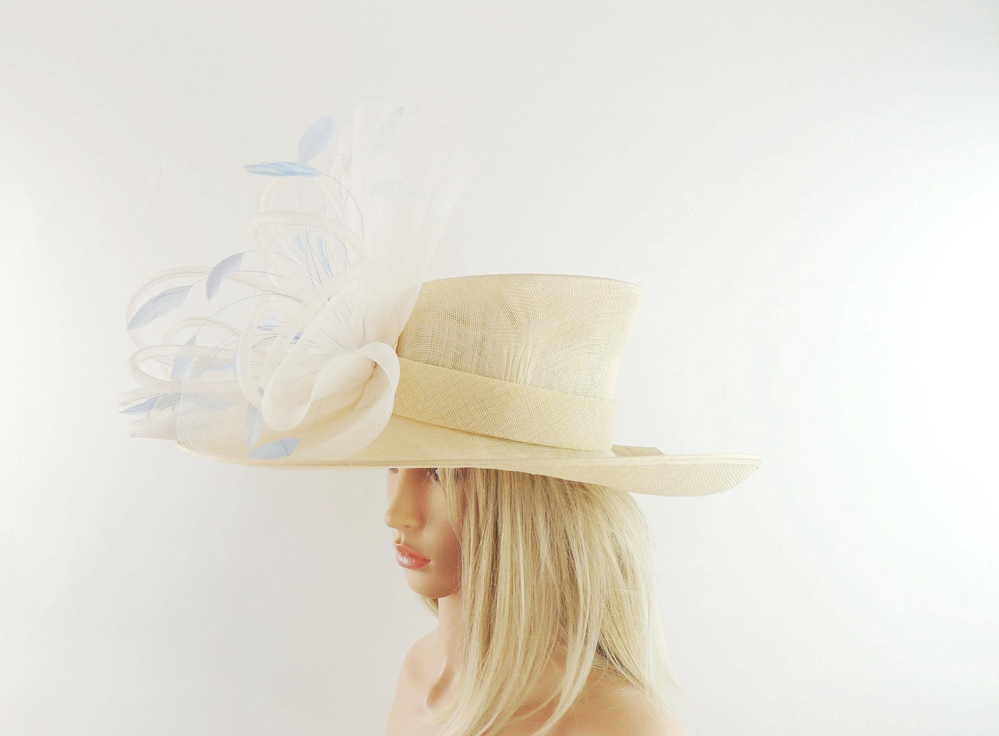 Cream & Powder Blue Kentucky Derby Hats Ascot SMALL HEAD Church Tea Garden Party Lunch Feather Wide Brim Wedding Formal Occasion Woman Hat