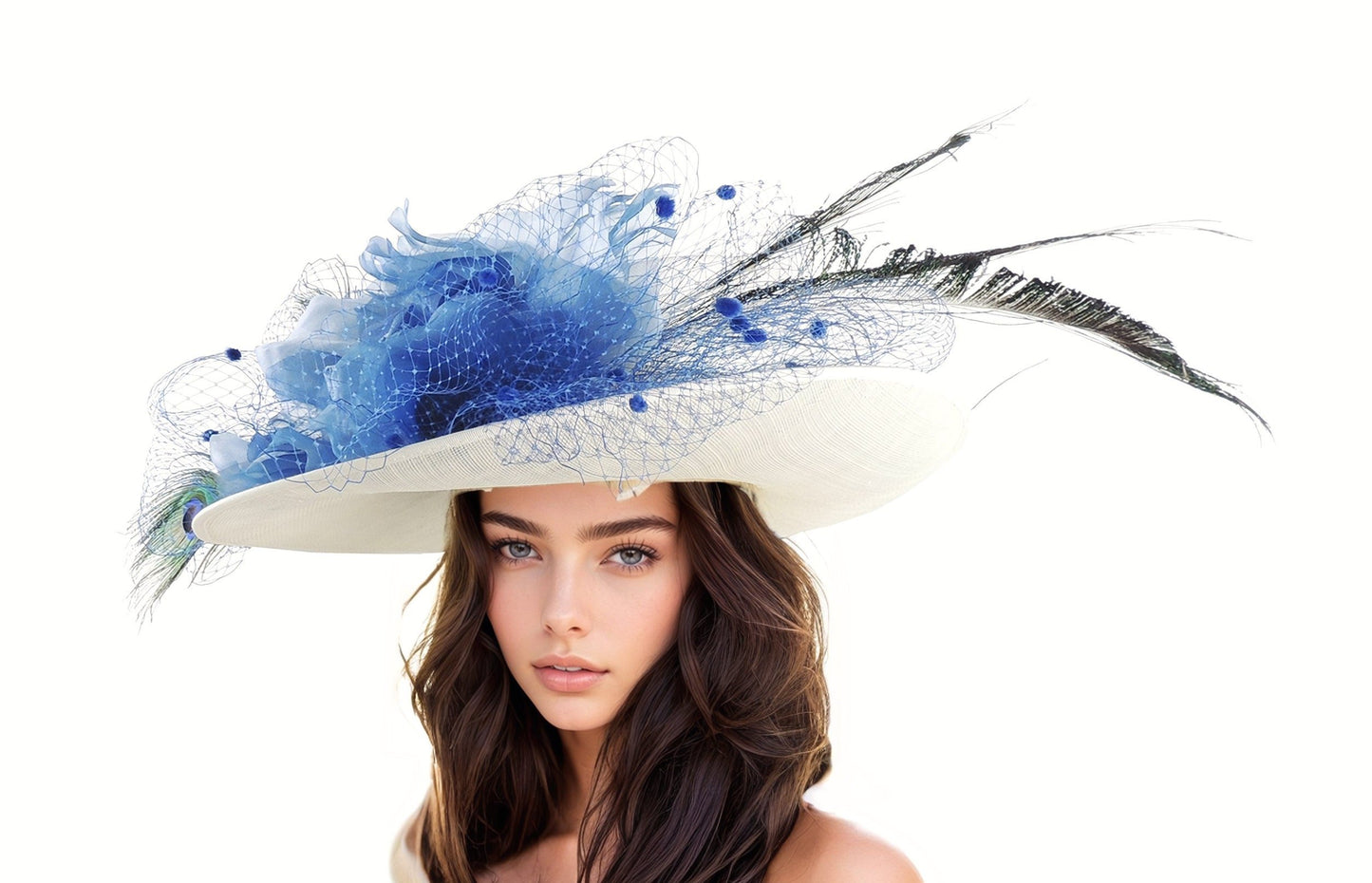 White Royal Blue Peacock Kentucky Derby Hat Ascot Church Ladies Race Day Tea Garden Party Wide Brim Wedding Formal Occasion Woman Statement