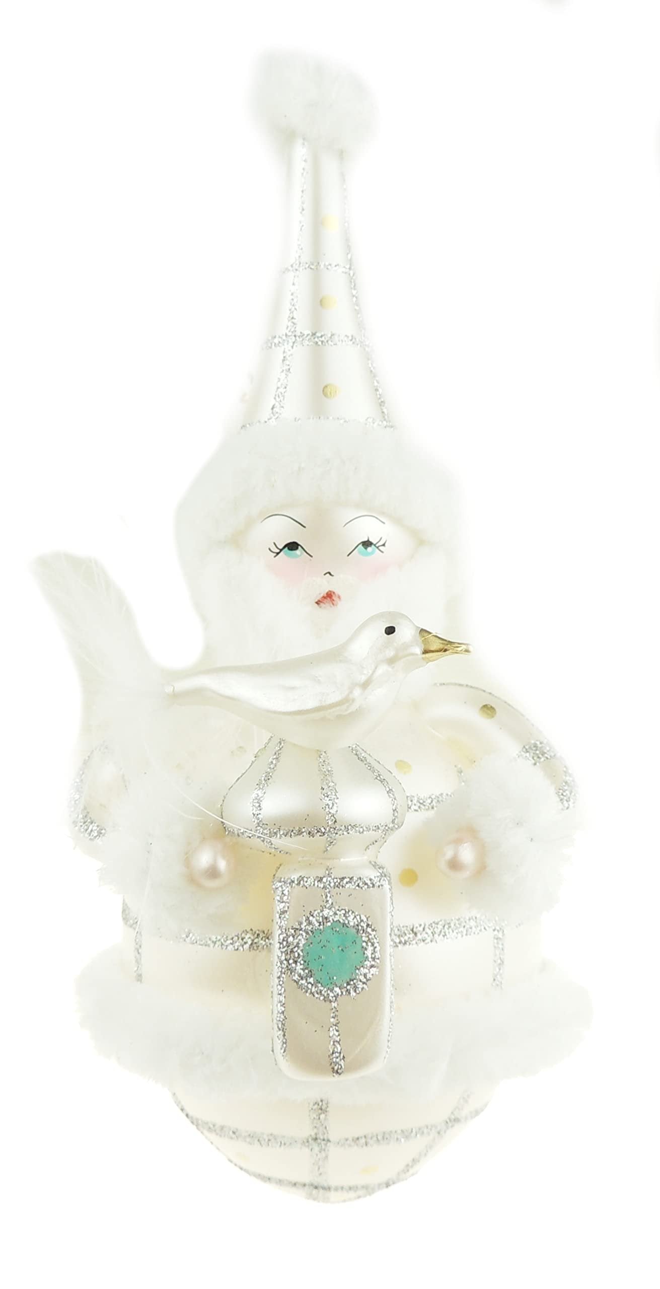 Italian Large Hand Blown Glass Keepsake Christmas Tree Ornament Bauble White Silver Fat Sanda Lantern Bird