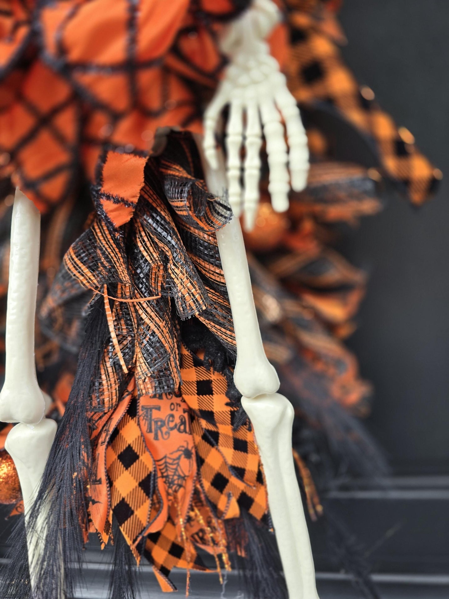 XXL Skeleton Orange Halloween Front Door Wreath Gothic Hanger Wall Porch Hanger Handmade House Home Decor Decorations Whimsical Skelly Glam