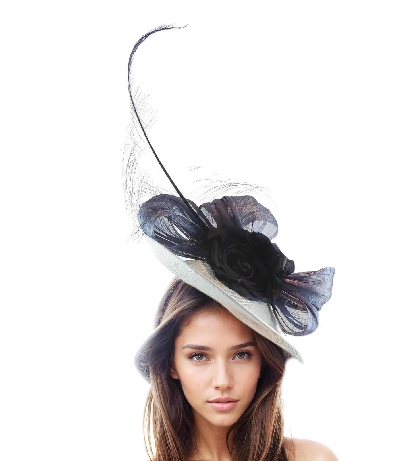 White Navy Blue Bow Feather Fascinator Hat Headband for Women Kentucky Derby Oaks Wedding Royal Ascot Formal Occasion Hair Bridal Tea Party