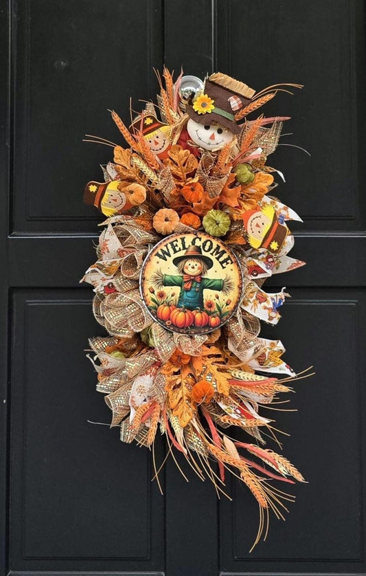 XL Autumn Fall Orange Scarecrow Harvest Front Door Wreath Luxury Rustic Wall Porch Hanger House Home Decor Decorations Thanksgiving Boho