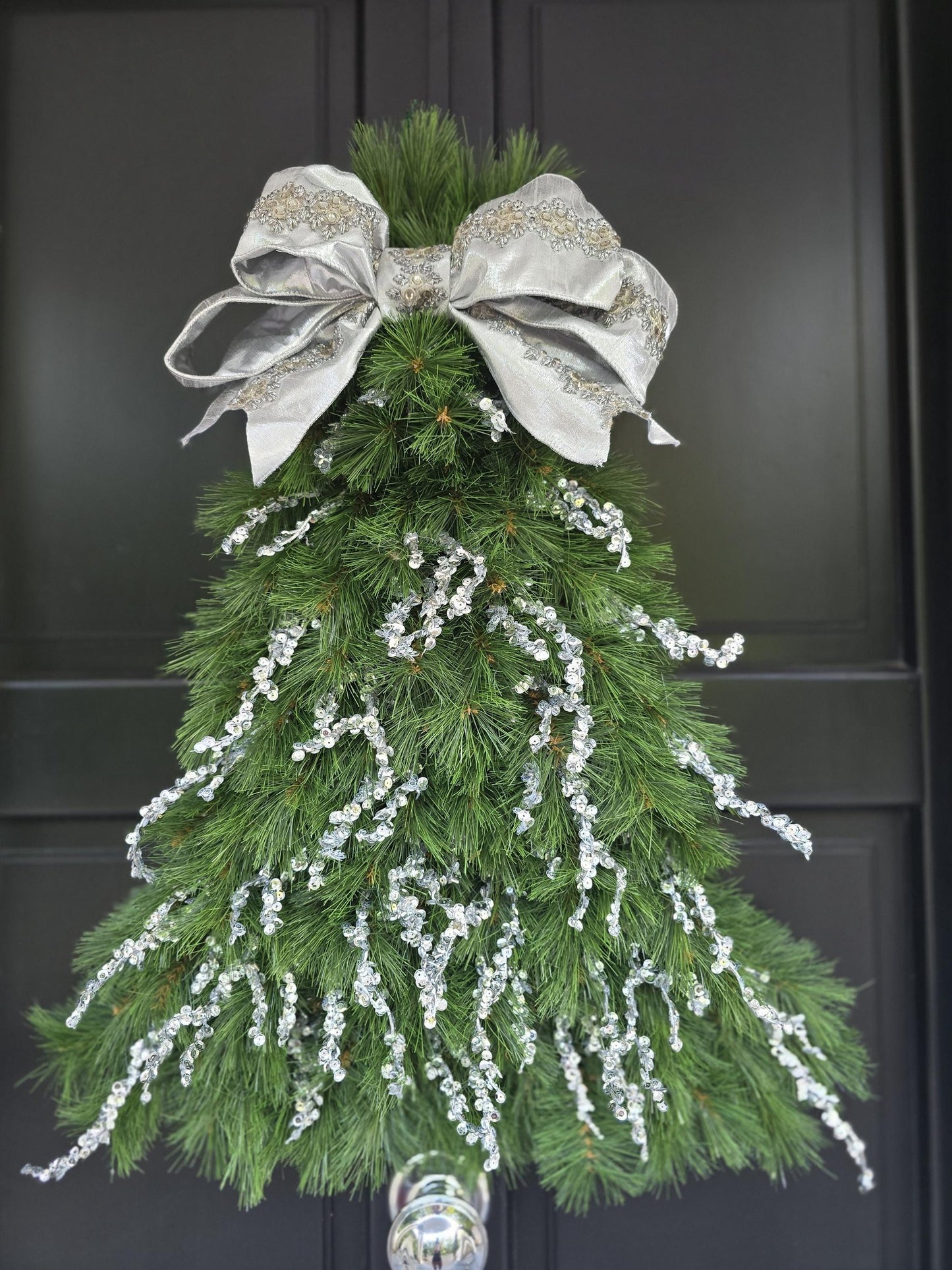 Large Luxury Christmas Tree Shaped Wreath Front Door Home Decorations Silver Green Xmas Winter Mantle Decor Porch Holiday Swag Designer Glam