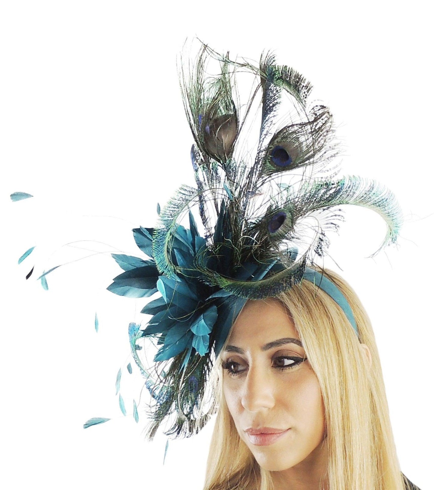Jahlia Large Teal Peacock Fascinator - Hats By Cressida