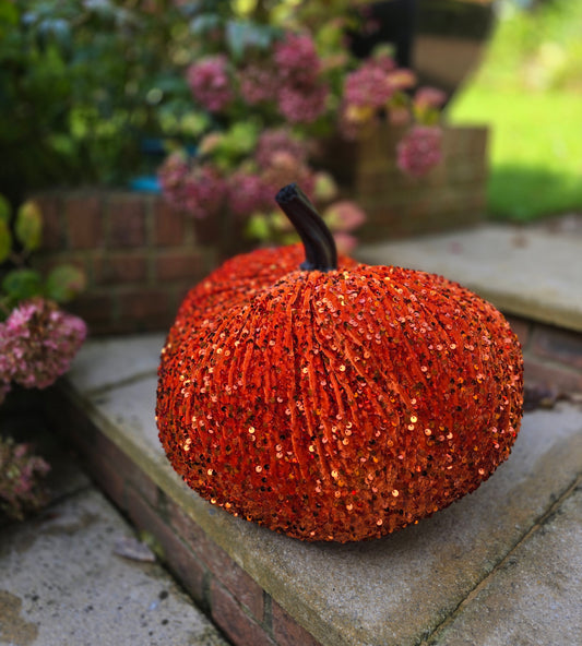 Extra Large Sparkly Velvet Sequin Pumpkin with Real Stem