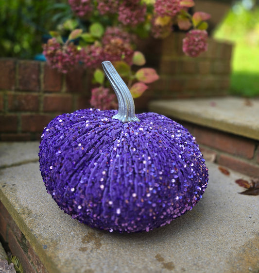 Jumbo XXL Sparkly Velvet Sequin Pumpkin with Real Stem