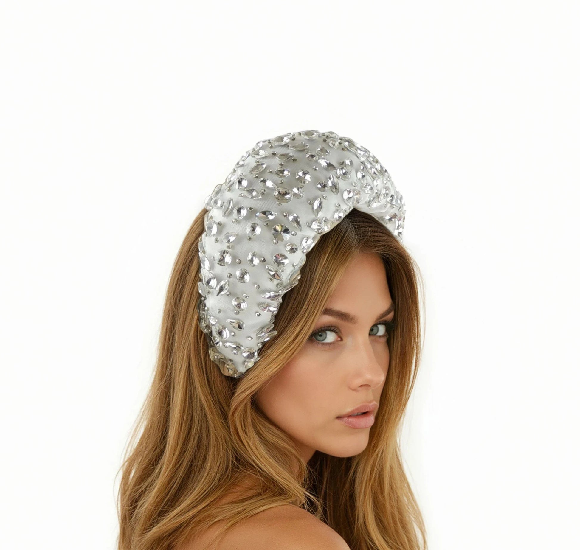 Woman wearing an elegant Alexandra Jeweled Crystal Padded Halo Headband with sparkling crystals and padded design