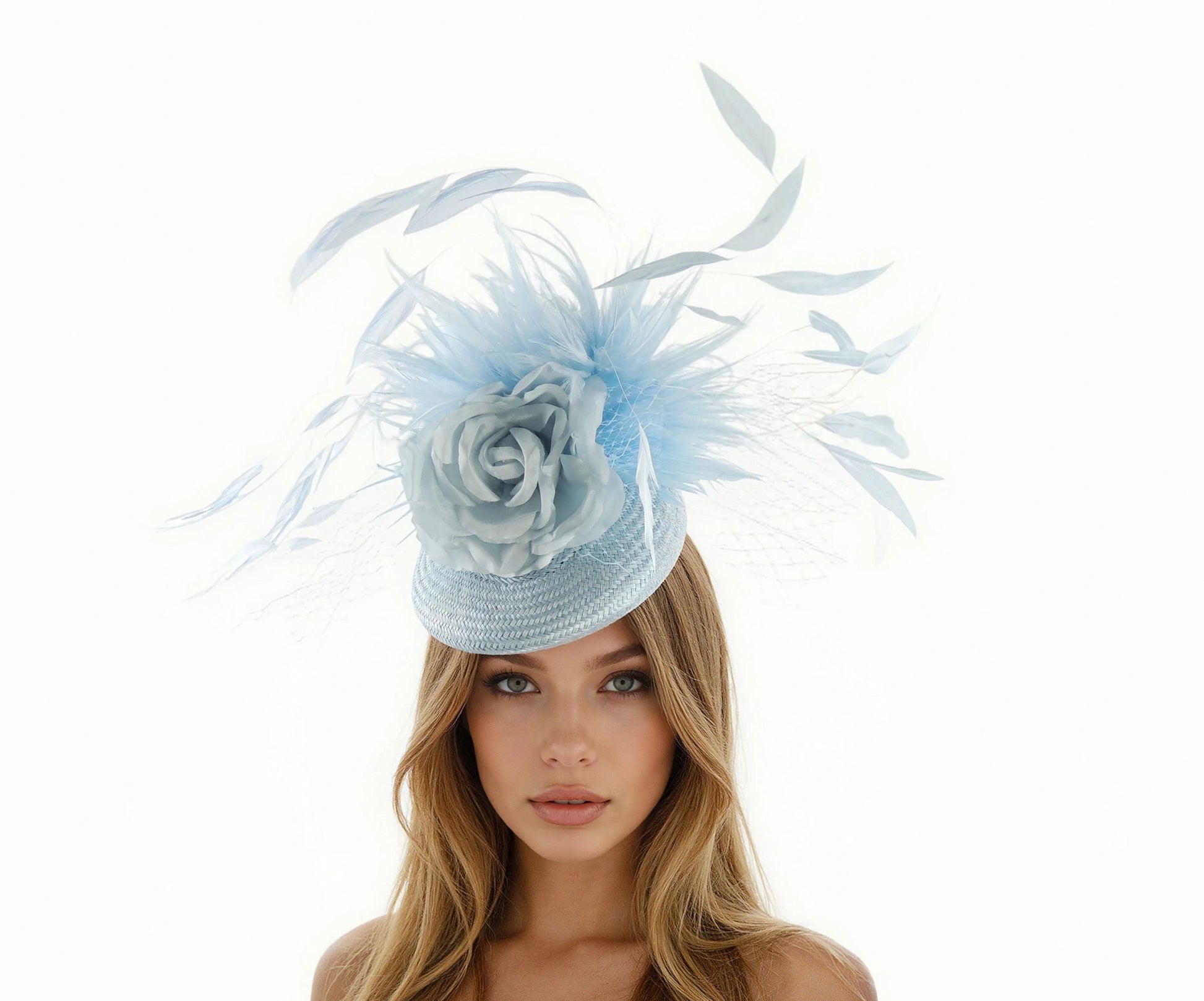Bailey Percher Fascinator – Weddings, Race Days & Elegant Occasions with soft blue feathers, netting, and a floral centerpiece on model