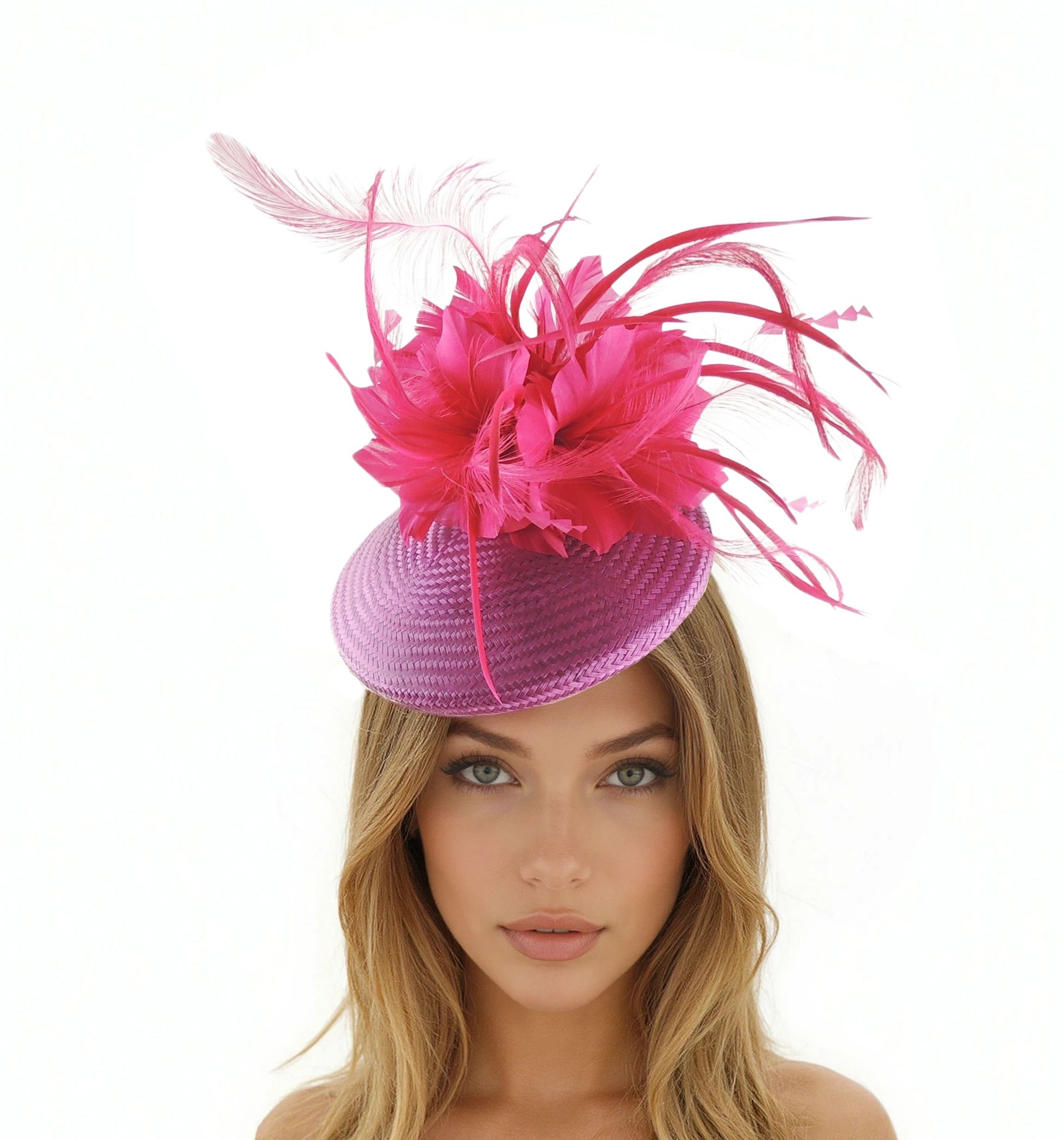 Woman wearing a bright pink feathered headpiece labeled Bella Cute & Fun Cocktail Derby Fascinator Percher