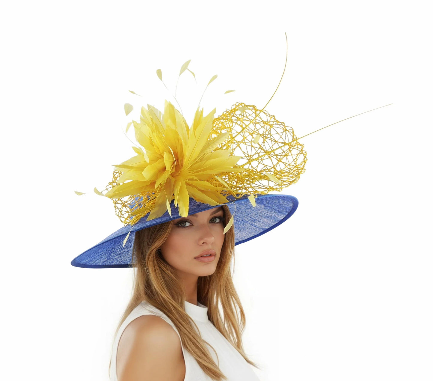 Bronwen Wide Brimmed Formal Ocassion Hat in blue with yellow floral and netting detail worn by woman