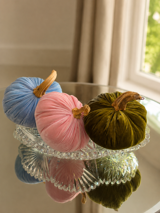 Set of 3 X-Small Silk Velvet Pumpkins – Luxury Autumn Fall Table, Mantel & Shelf Decor