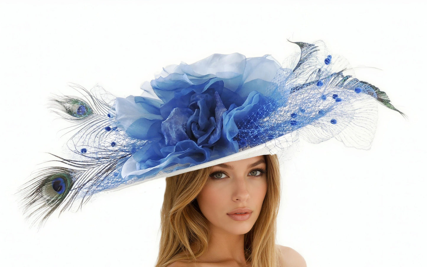 Ophelia - Wide Brim Peacock Occasion Hat - Royal Ascot, Kentucky Derby & Wedding Hat