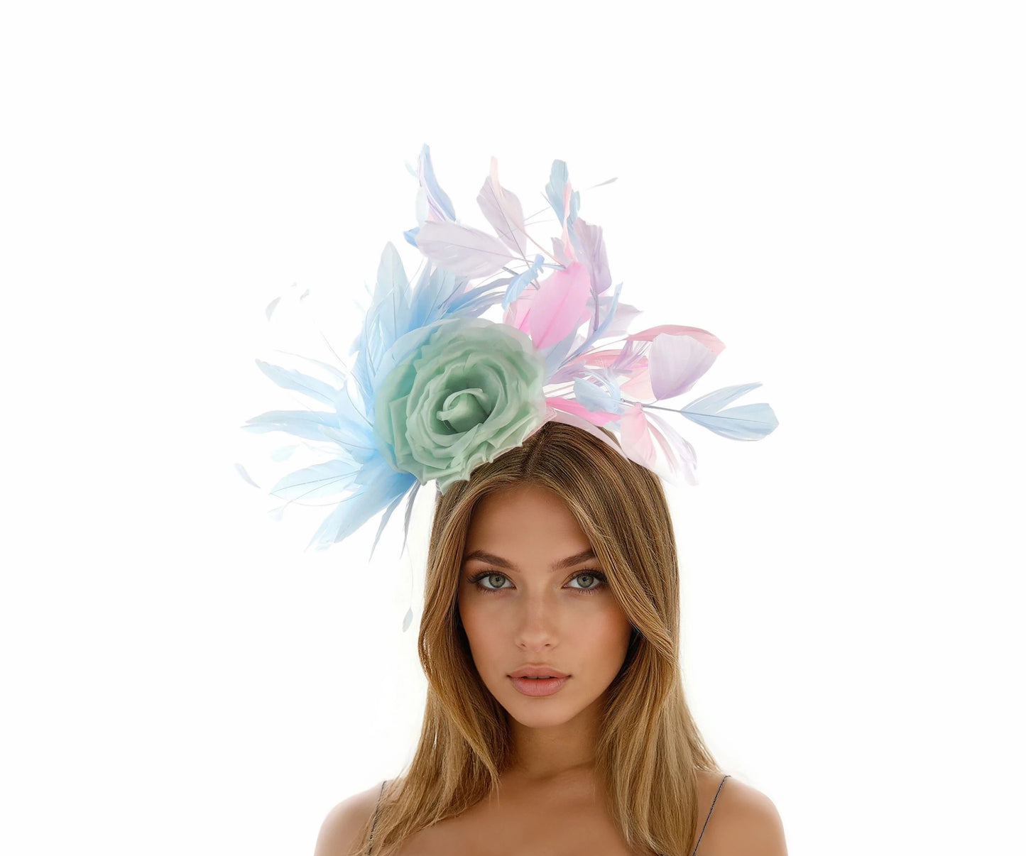 Kacey – Pastel Silk Rose Feather Headband Fascinator