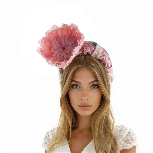 Grace – Blush Pink & Olive Floral Damask Headband with Feather Rose