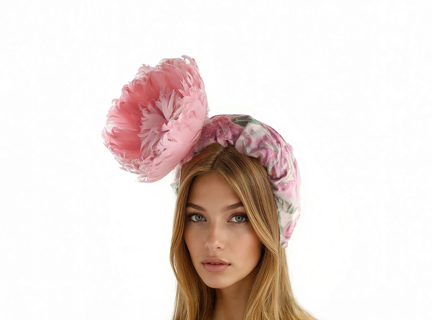 Grace – Blush Pink & Olive Floral Damask Headband with Feather Rose