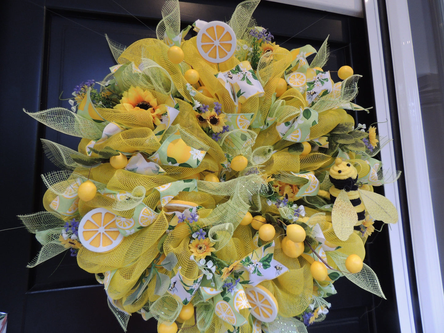 Lemon Bee Summer Wreath 60cm | Yellow Front Door Decor with Sunflowers & Citrus Bumblebee