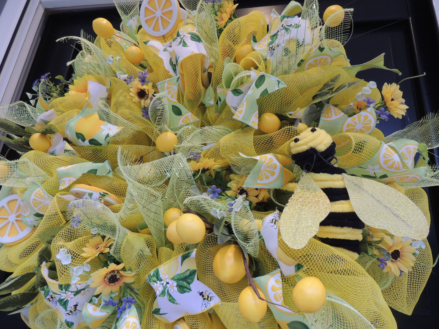 Lemon Bee Summer Wreath 60cm | Yellow Front Door Decor with Sunflowers & Citrus Bumblebee