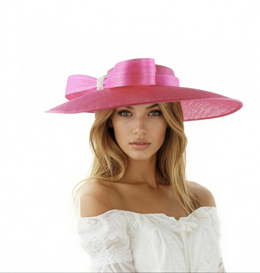 💗 Charlise– Fuchsia Hot Pink Sinamay Cartwheel Boater Hat
