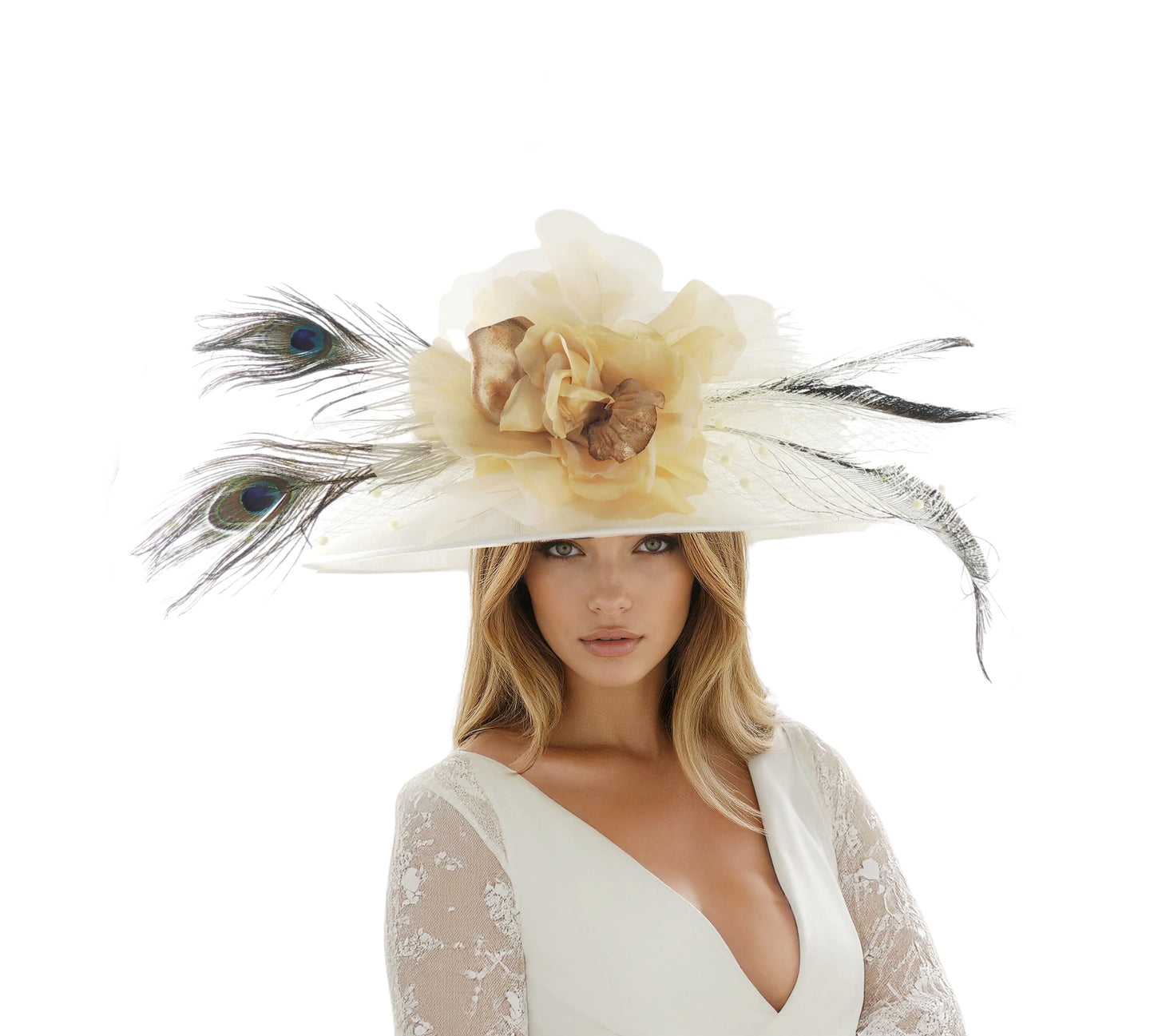 Ophelia - Wide Brim Peacock Occasion Hat - Royal Ascot, Kentucky Derby & Wedding Hat