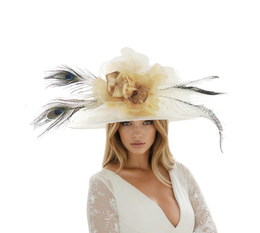 Ophelia - Wide Brim Peacock Occasion Hat - Royal Ascot, Kentucky Derby & Wedding Hat