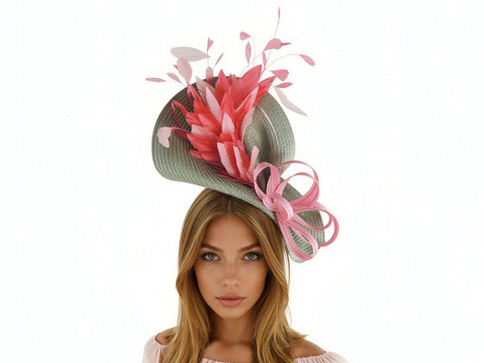 sage green ascot fascinator hat with headband, pink feather cocktail hat