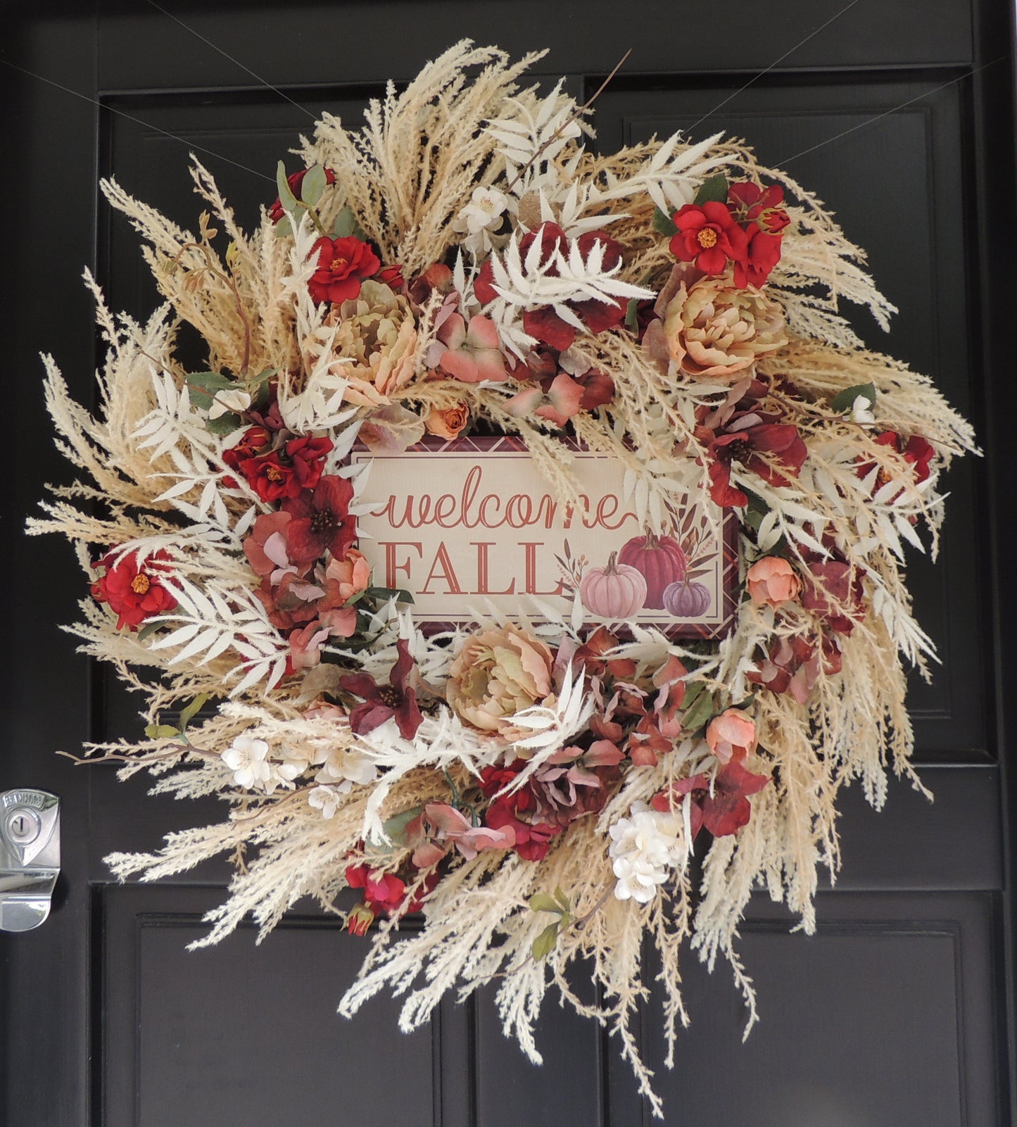 Large Welcome Fall Autumn Wreath 60cm – Burgundy, Cream & Neutral Floral Front Door Wreath with Pumpkin Harvest Sign & Rustic Foliage