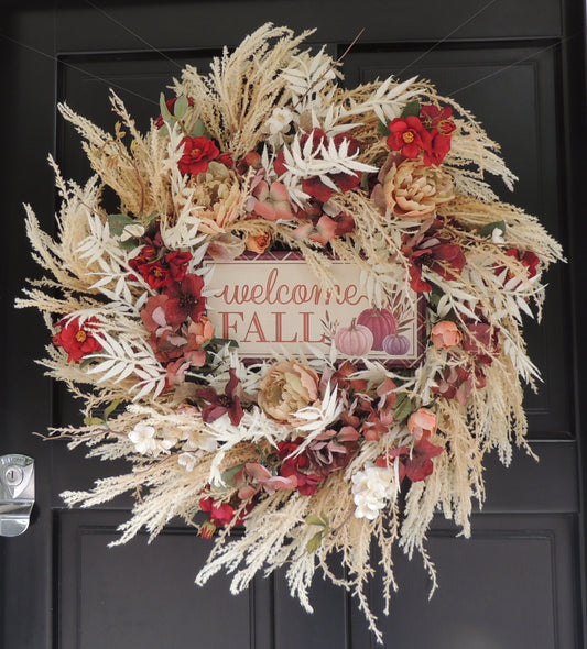 Large Welcome Fall Autumn Wreath 60cm – Burgundy, Cream & Neutral Floral Front Door Wreath with Pumpkin Harvest Sign & Rustic Foliage