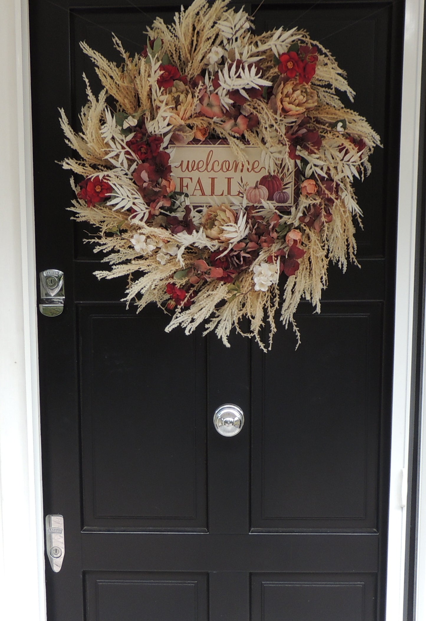 Large Welcome Fall Autumn Wreath 60cm – Burgundy, Cream & Neutral Floral Front Door Wreath with Pumpkin Harvest Sign & Rustic Foliage