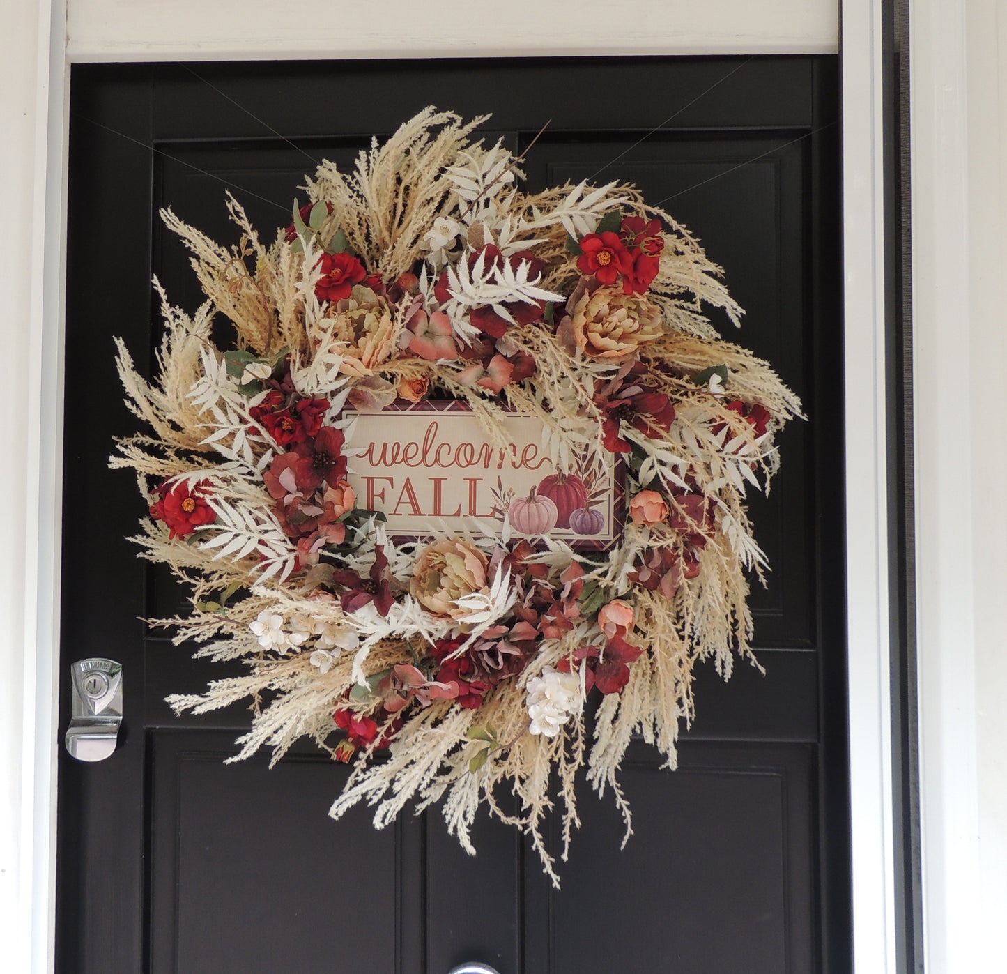 Large Welcome Fall Autumn Wreath 60cm – Burgundy, Cream & Neutral Floral Front Door Wreath with Pumpkin Harvest Sign & Rustic Foliage
