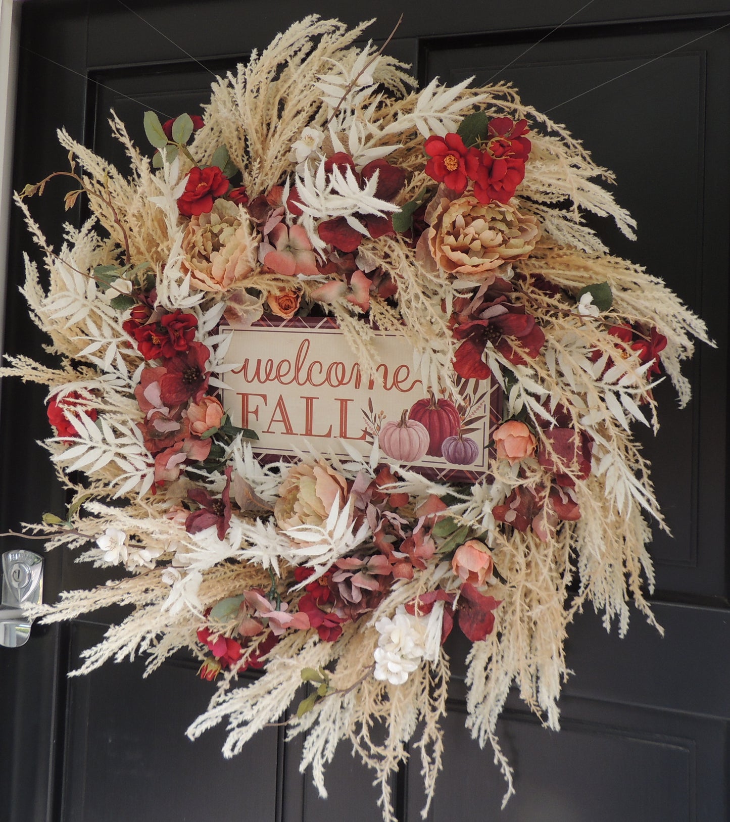 Large Welcome Fall Autumn Wreath 60cm – Burgundy, Cream & Neutral Floral Front Door Wreath with Pumpkin Harvest Sign & Rustic Foliage