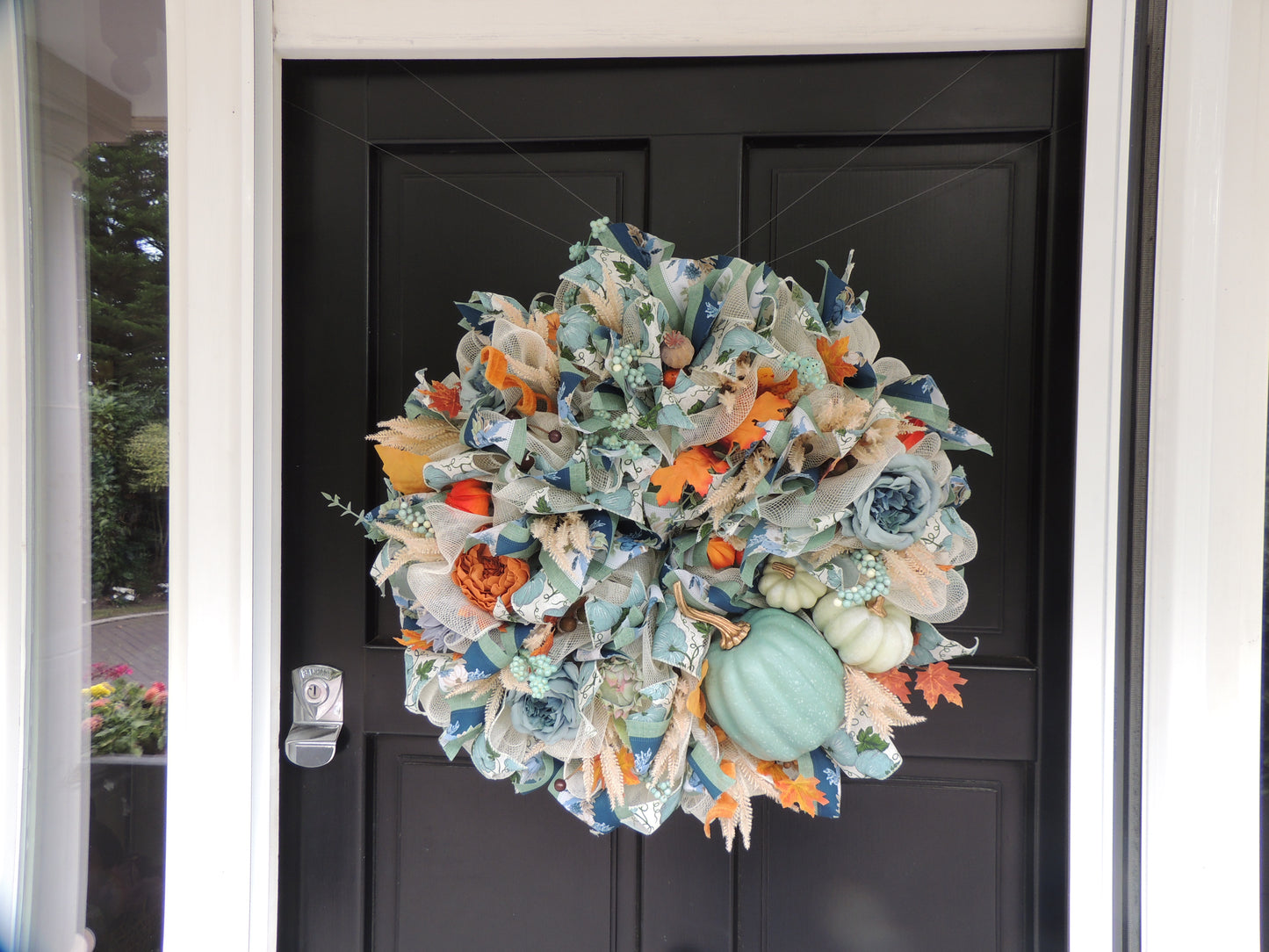 Large Sage Green Pumpkin Autumn Wreath 60cm – Blue Floral Fall Front Door Wreath with Cream Pumpkins, Berries & Harvest Foliage  And anywhere I wrote “hydrangea” in either description should simply be “flowers” or “floral details.”