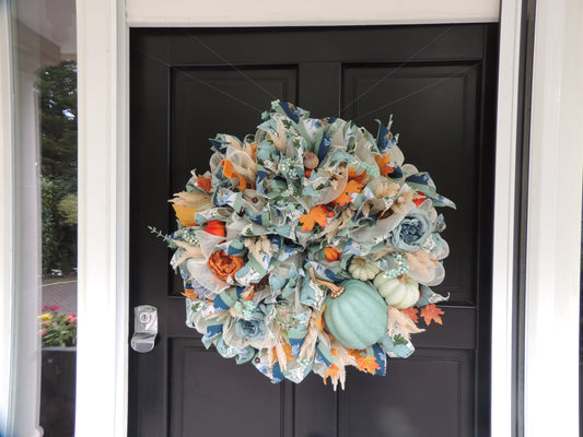 Large Sage Green Pumpkin Autumn Wreath 60cm – Blue Floral Fall Front Door Wreath with Cream Pumpkins, Berries & Harvest Foliage  And anywhere I wrote “hydrangea” in either description should simply be “flowers” or “floral details.”