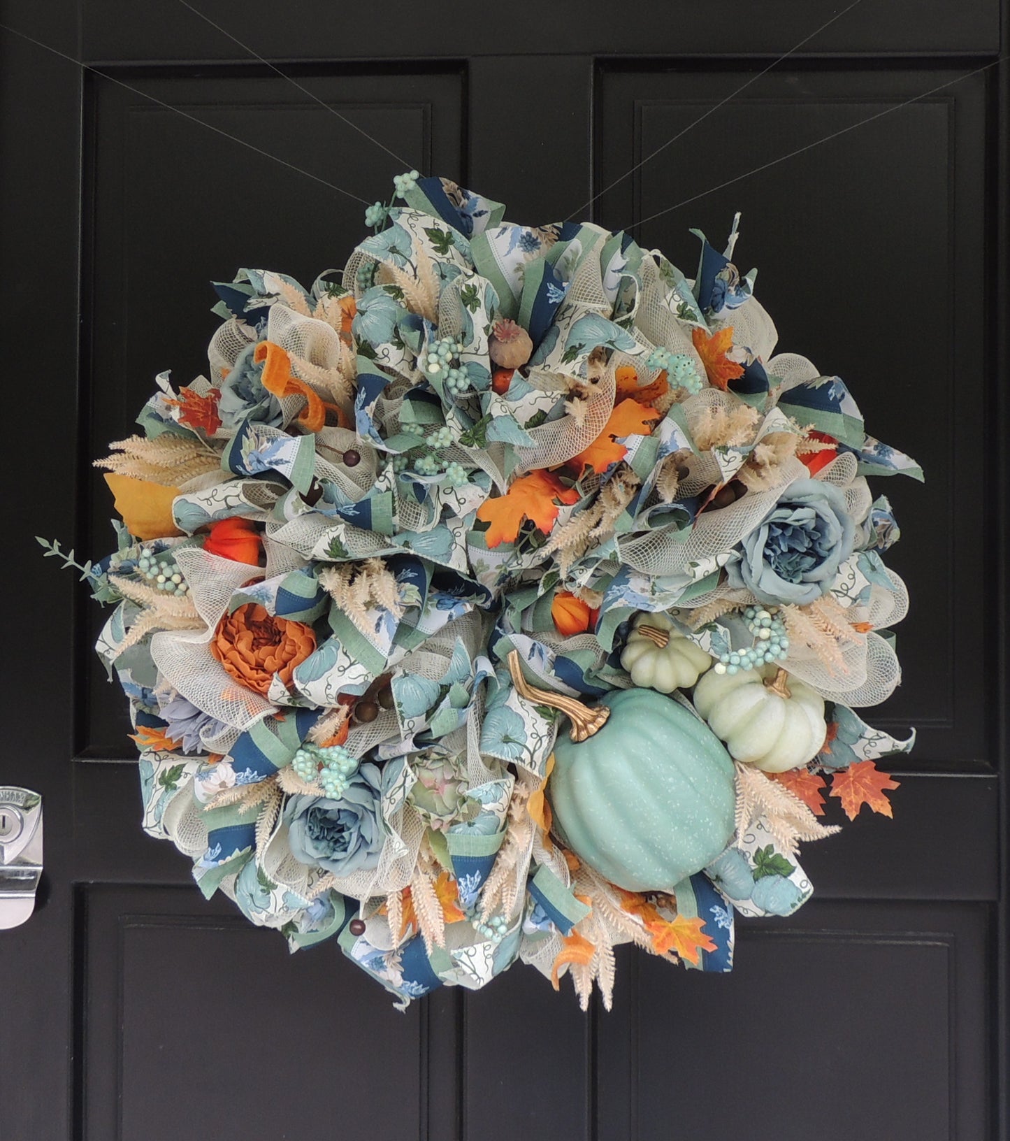 Large Sage Green Pumpkin Autumn Wreath 60cm – Blue Floral Fall Front Door Wreath with Cream Pumpkins, Berries & Harvest Foliage  And anywhere I wrote “hydrangea” in either description should simply be “flowers” or “floral details.”