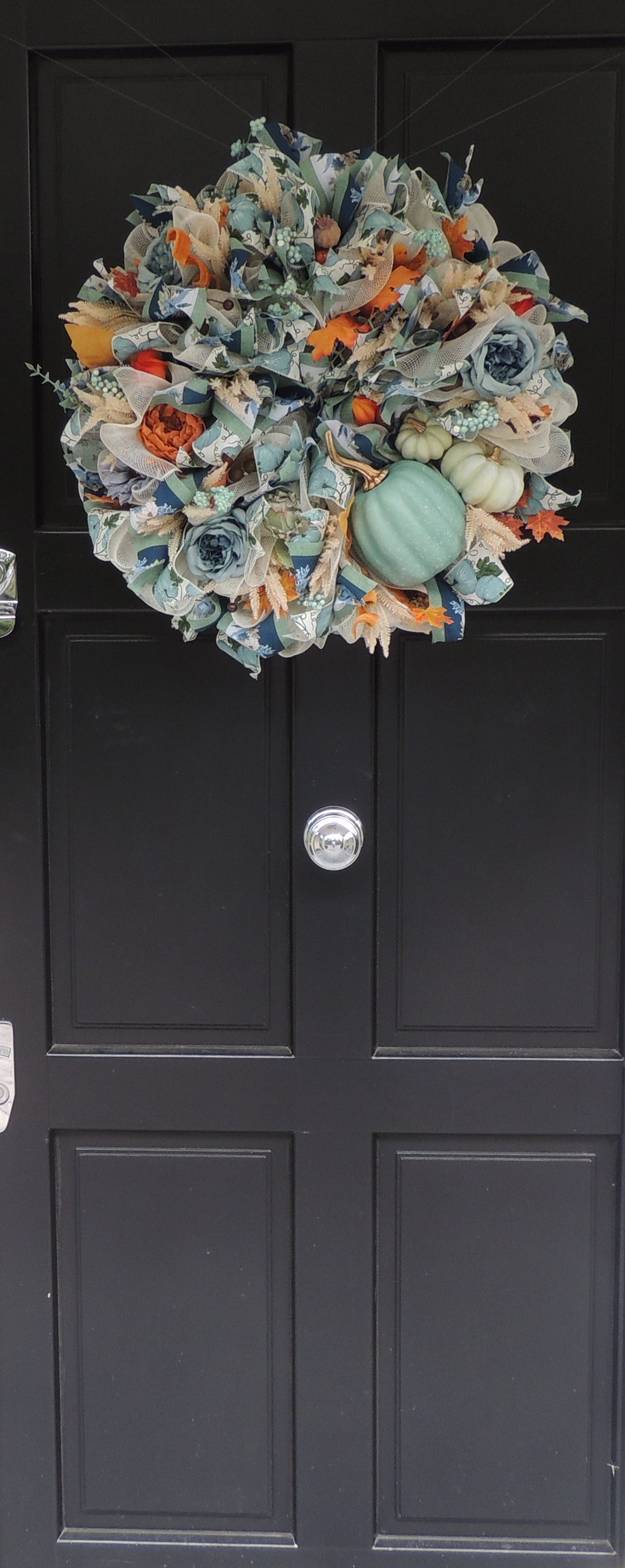 Large Sage Green Pumpkin Autumn Wreath 60cm – Blue Floral Fall Front Door Wreath with Cream Pumpkins, Berries & Harvest Foliage  And anywhere I wrote “hydrangea” in either description should simply be “flowers” or “floral details.”