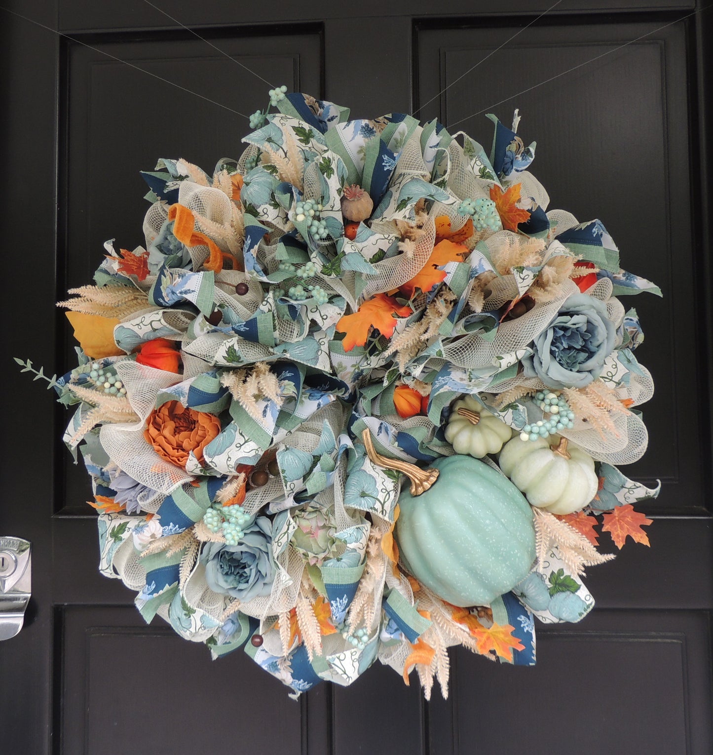 Large Sage Green Pumpkin Autumn Wreath 60cm – Blue Floral Fall Front Door Wreath with Cream Pumpkins, Berries & Harvest Foliage  And anywhere I wrote “hydrangea” in either description should simply be “flowers” or “floral details.”