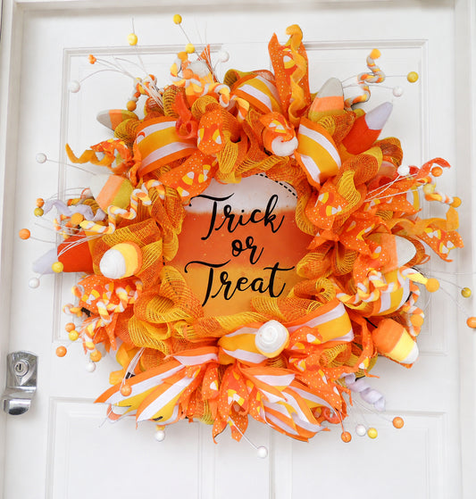 Trick or Treat Halloween Wreath 60cm | Candy Corn Front Door Wreath
