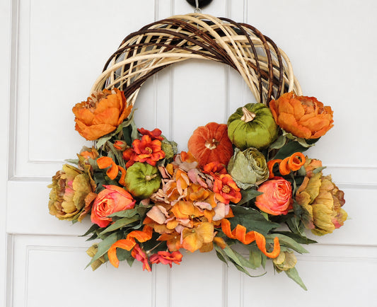 Orange & Green Velvet Pumpkin Autumn Wreath 45cm | Floral Fall Front Door Wreath