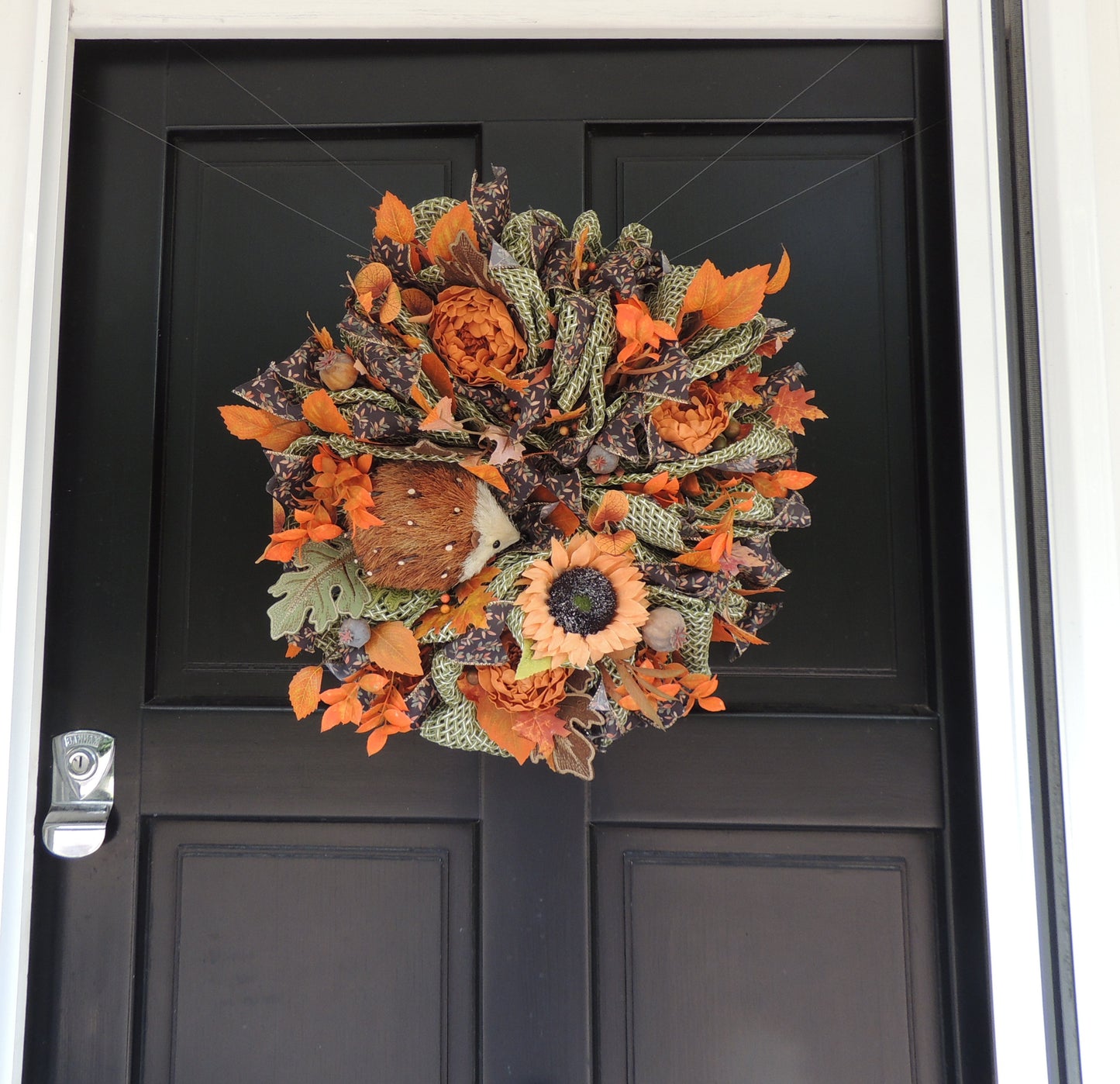 Autumn Hedgehog Woodland Wreath – 50cm Large Fall Front Door Wreath with Sunflower, Acorns & Harvest Foliage – Rustic Seasonal Home Decor