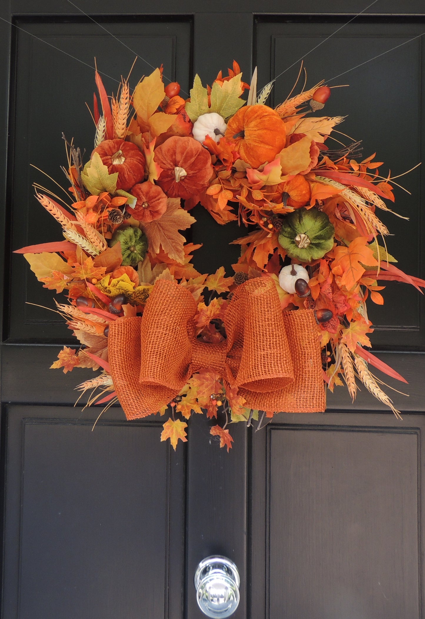 Autumn Velvet Pumpkin Wreath 50cm – Large Fall Harvest Front Door Wreath with Pumpkins, Wheat, Acorns, Pinecones & Rustic Bow